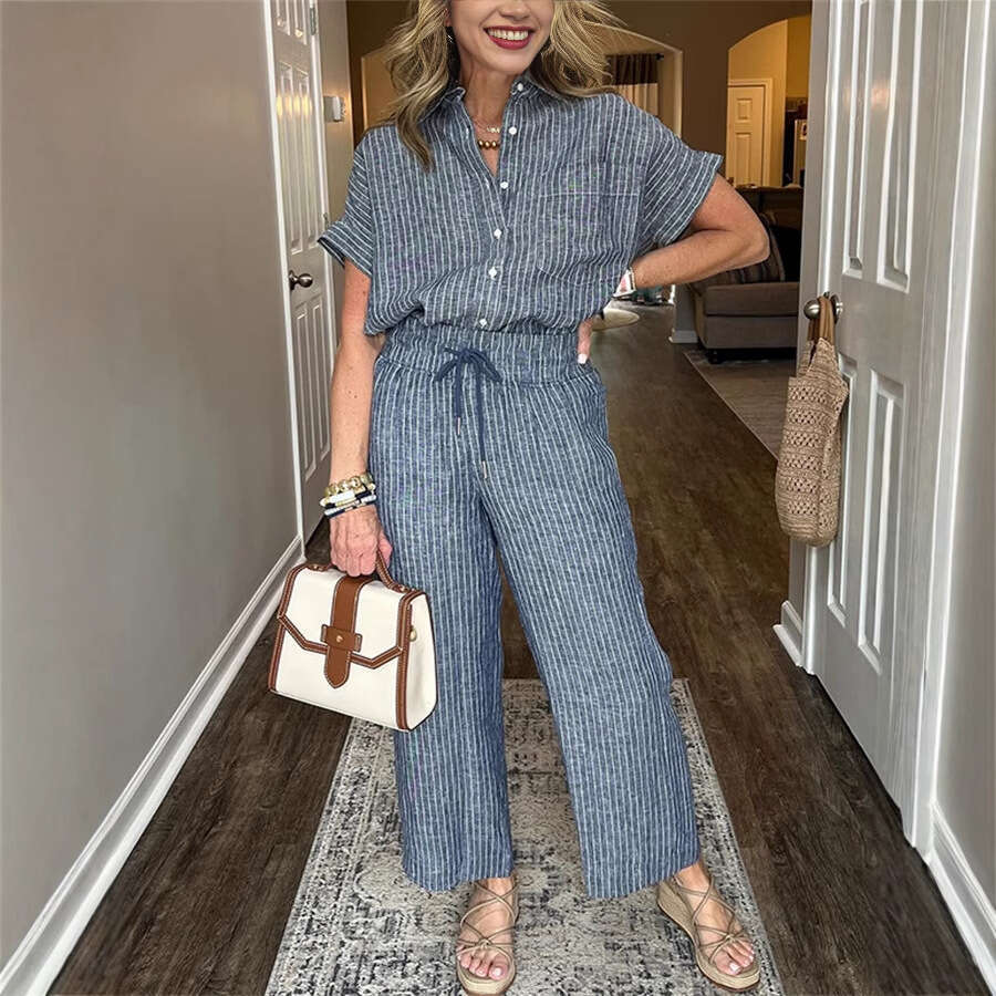 2025 Cross-Border Spring and Autumn Amazon Independent Station Women's Striped Suit with Turn-Down Collar Short Sleeve Straight-Leg Lazy Style Lo