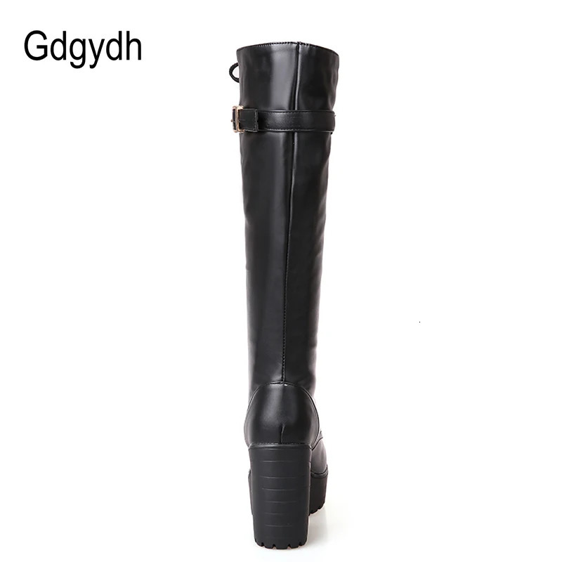 Gdgydh Spring Autumn Lacing Knee High Boots Women Fashion White Square Heel Woman Leather Shoes Winter PU Large Size 43 251031