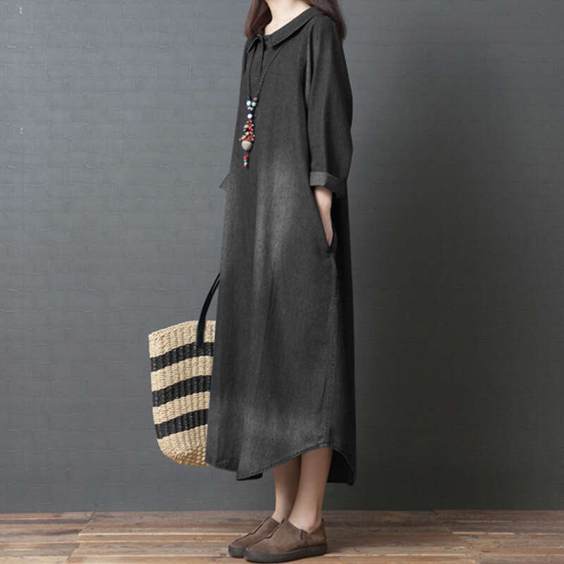 Autumn New Korean Style Loose Plus Size Women's Fashion Comfortable Denim Shirt Dress B5