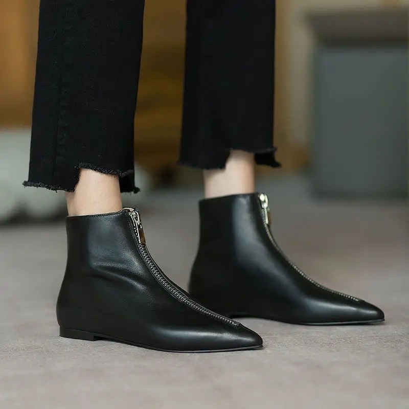 Leather Flat Short Shoes For Women Work Booties Black Footwear Female Ankle Boots Pointed Toe On Promotion Sale Comfortable P 251104