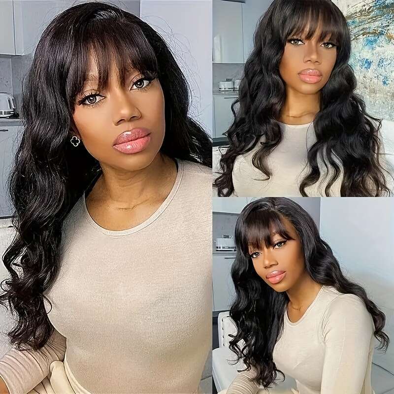 200% Density Brazilian With Bangs Long And True Length Human Hair #1B Glueless Body Wavy Full Hine Made Scalp Top Wig No Lace Front Wigs For Women Nat