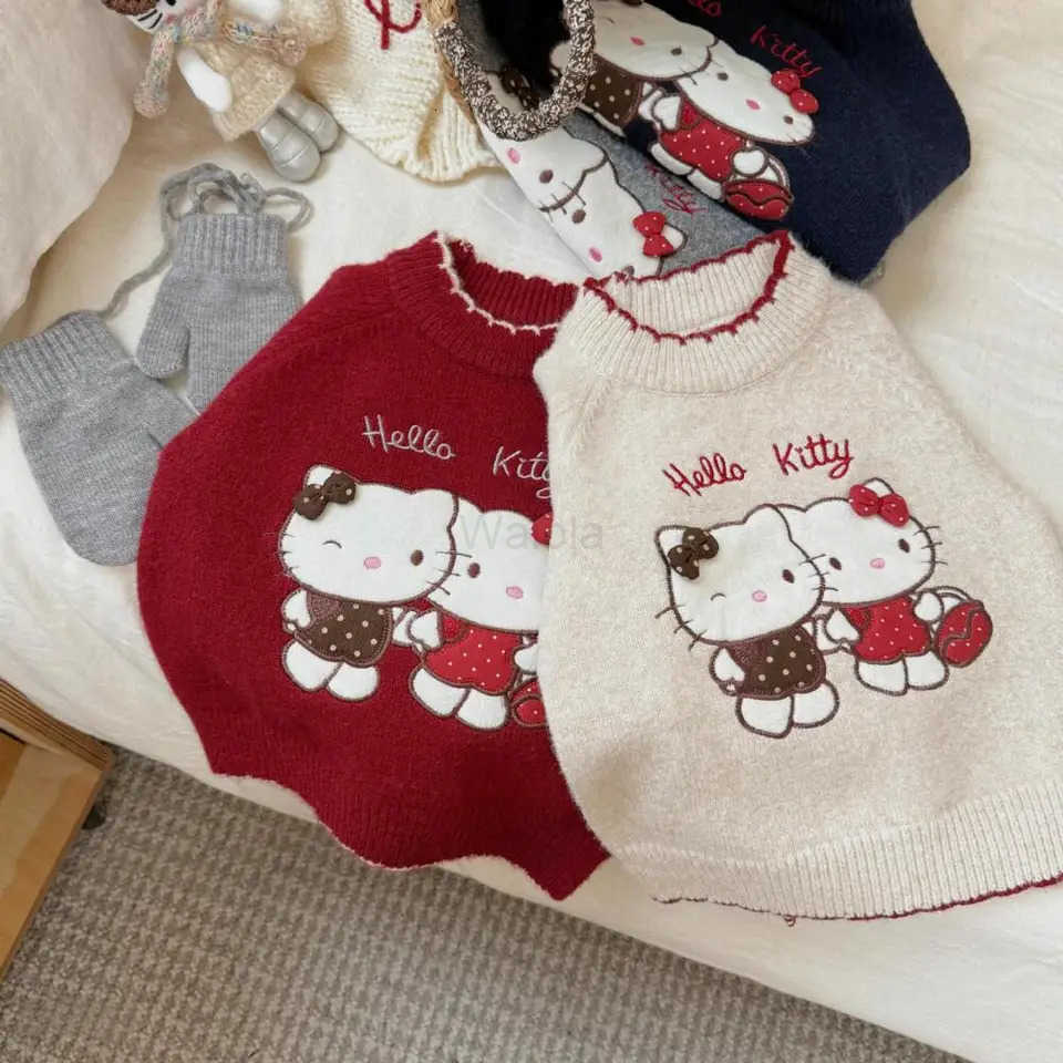Sanrio Hello Kitty Girls Sweater Cartoon Kt Cat Pullover Knitting Thicken New Korean Version Childrens Sweater Autumn Winter H251105