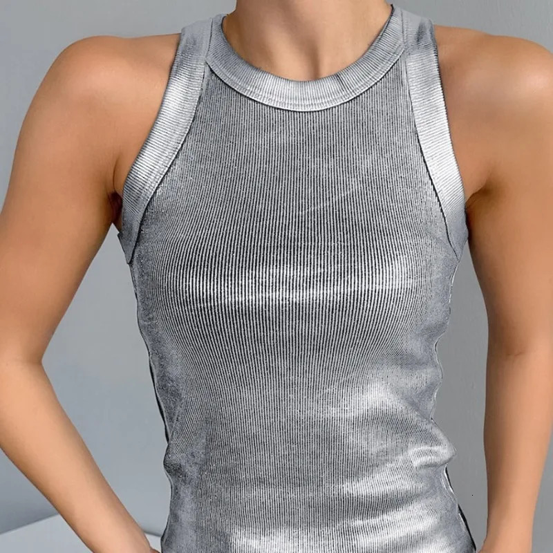 Spring Womens Fashionable Ultra Thin Silver Floral Casual Knitted Tank Top Warm Womens Elegant Sleeveless T-shirt 250403