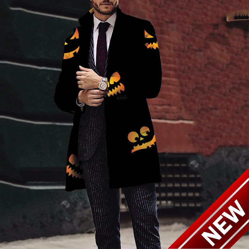 2024 new mens Christmas and Halloween printed woolen medium long coat mens woolen coat