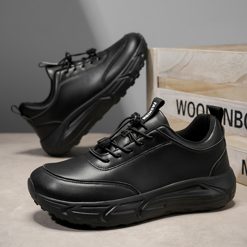 Unisex Black PU Leather Sneakers for Men & Women - Breathable Gym Footwear with Wider Toe Box