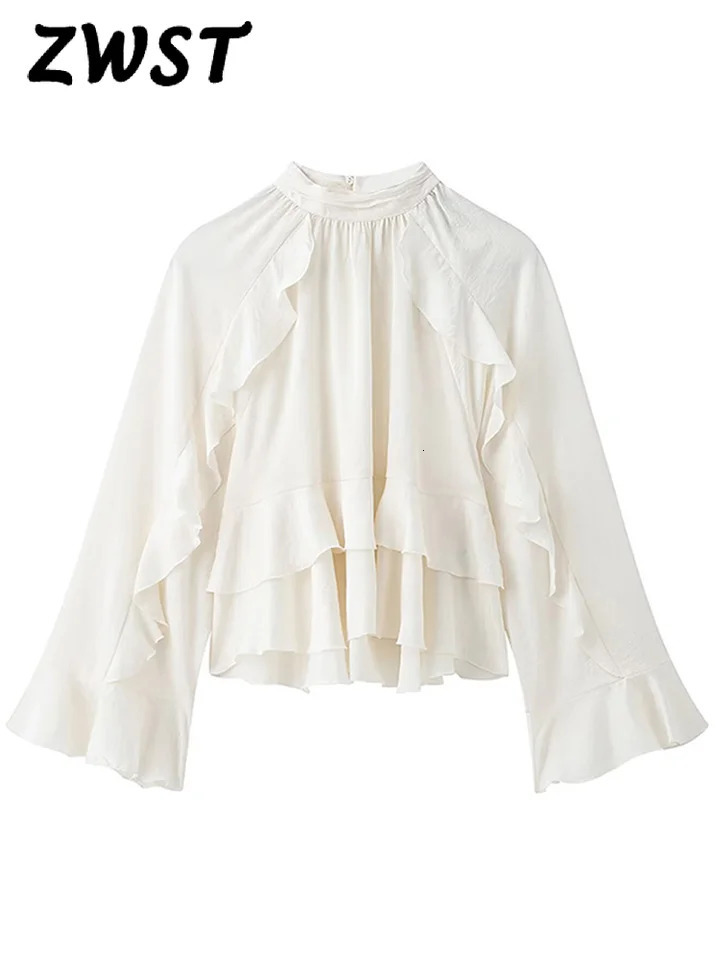 Fashion Flounce Blouses Womens Mesh Long sleeved O-neck Gauze Shirt Womens Spring/Summer Loose Womens Street Top 250402