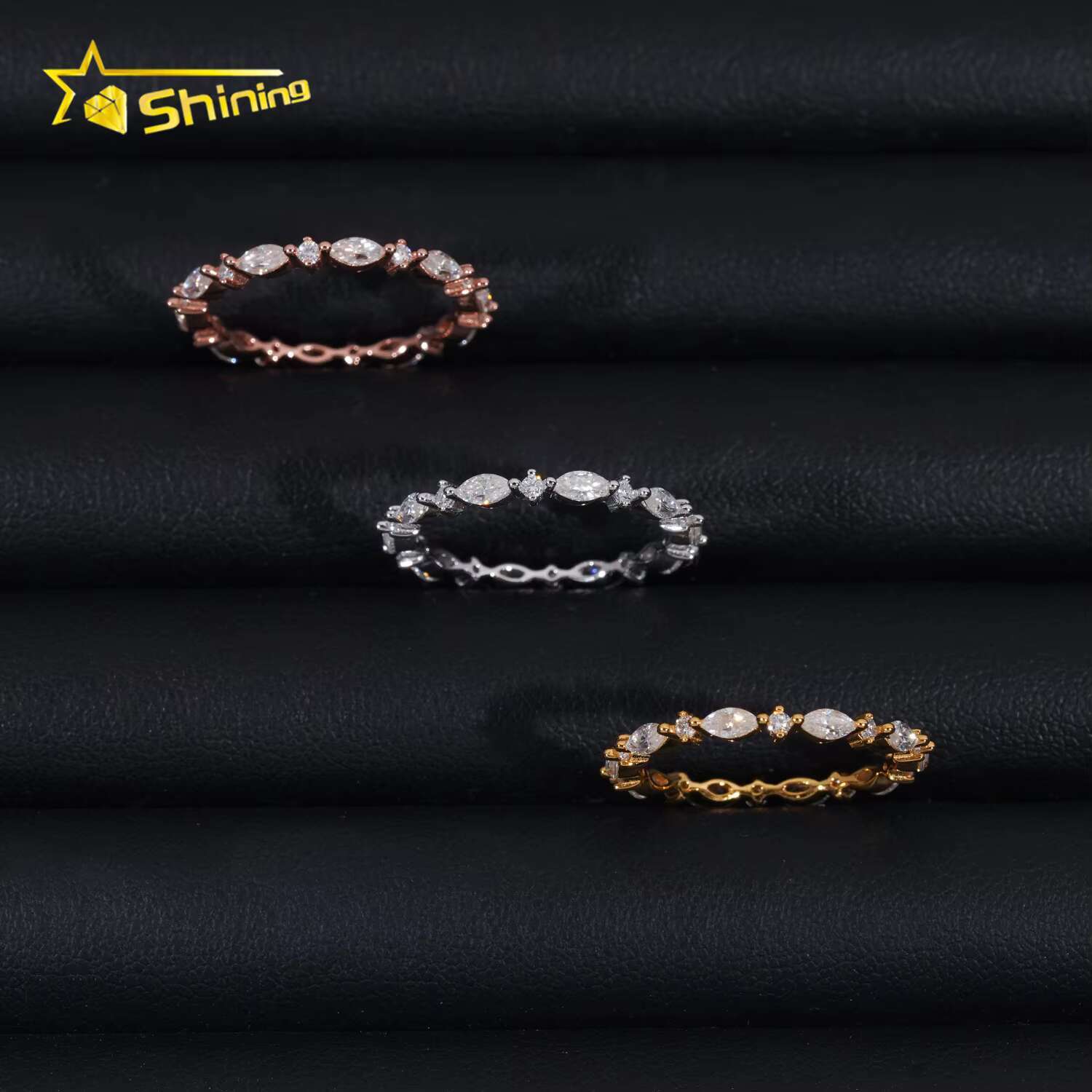 Simple Designs Marquise Cut Bezel Band VVS Moissanite Engagement Ring Gold Plated Sterling Sier Wedding Rings