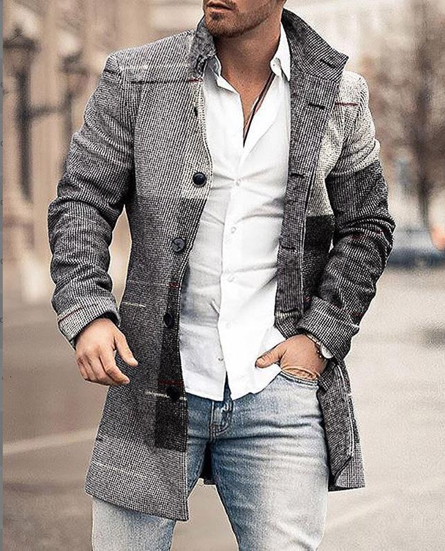 New mens autumn and winter woolen casual stand collar mid length coat woolen coat mens