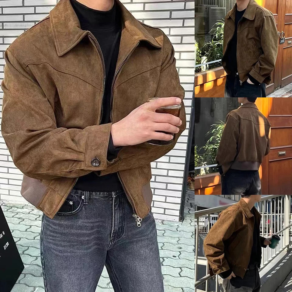 Cropped Lapel Coat Men Suede Jacket Vacation Style Slight Stretch Fabric Solid Color Wear Holiday Attire 251105