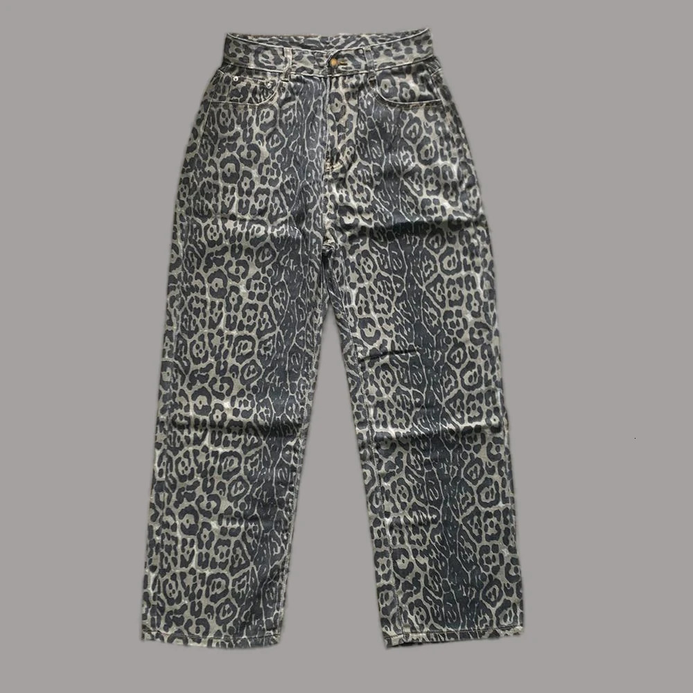 Womens jeans leopard print high waisted hiphop straight fashion pants streetwear Harajuku Y2K style womens wide leg denim shorts 250403