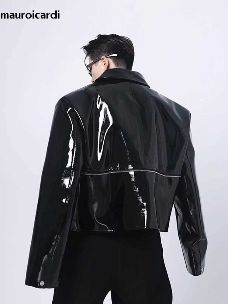 Mauroicardi Spring Autumn Cool Loose Short Black Shiny Reflective Patent Faux Leather Jacket Men Zipper Luxury Designer Clothes C251105