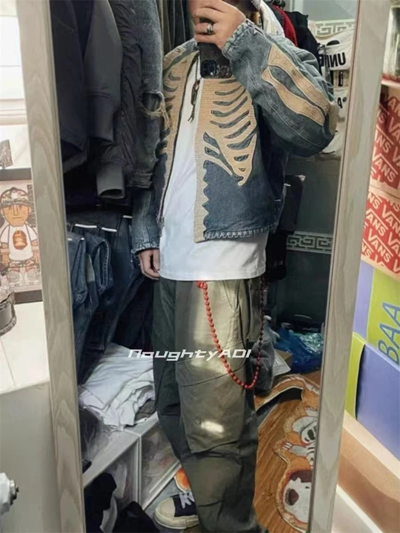 AutumnWinter Vintage Denim Heavy duty Bone Embroidered Loose Casual High Street Coat Japanese Trendy Mens Zipper 251030