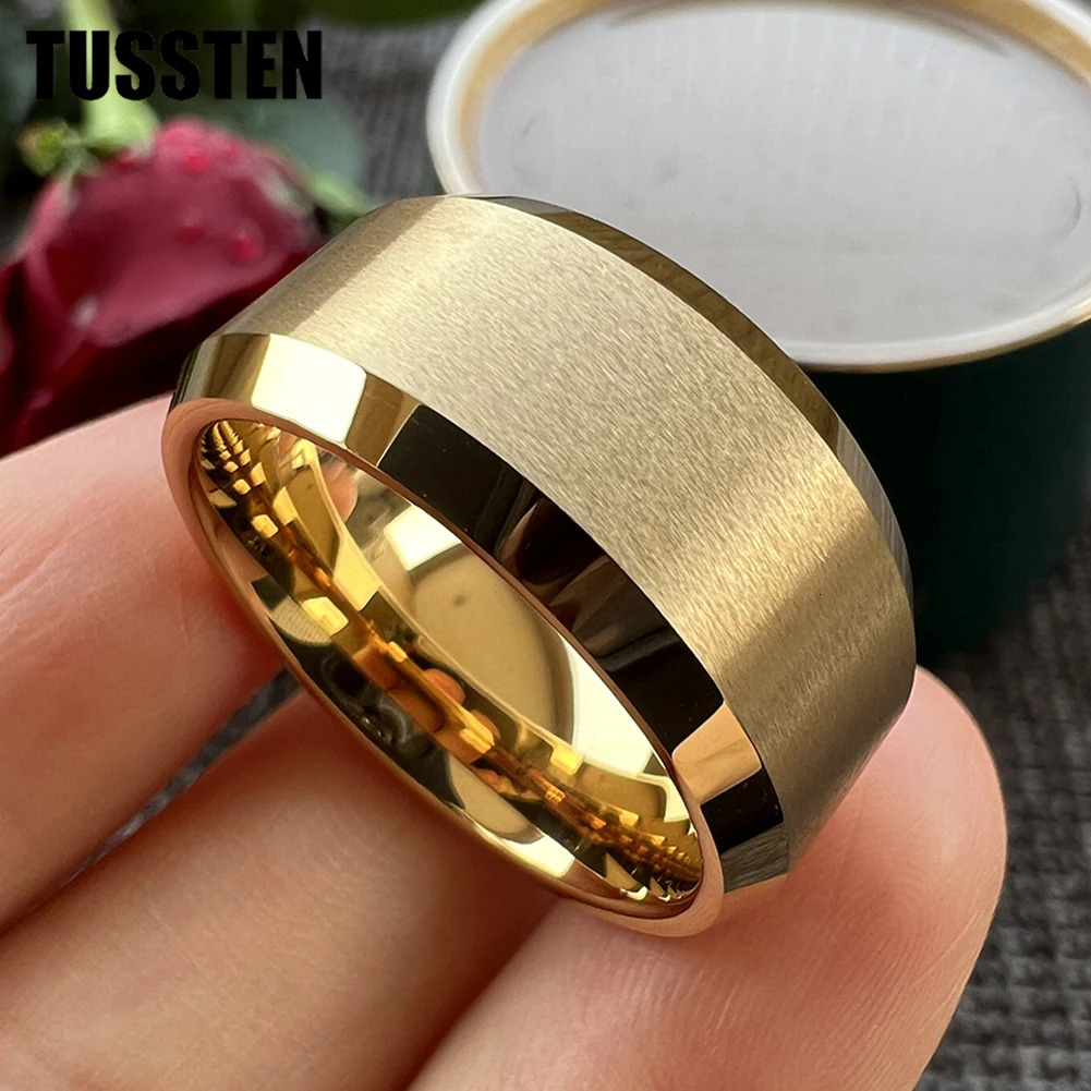 TUSSTEN 10mm Beveled Edges Matte Finish Gold Tungsten Carbide Ring for Men Women Fashion Engagement Wedding Band 251031