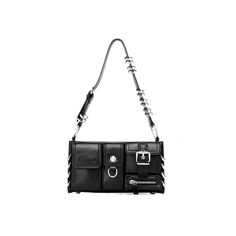 Meet You Y2K Retro Gothic Black Shoulder Bag Womens Punk Cool Multi Pocket Pu Leather Underwear Bag Trend Handbag 250402