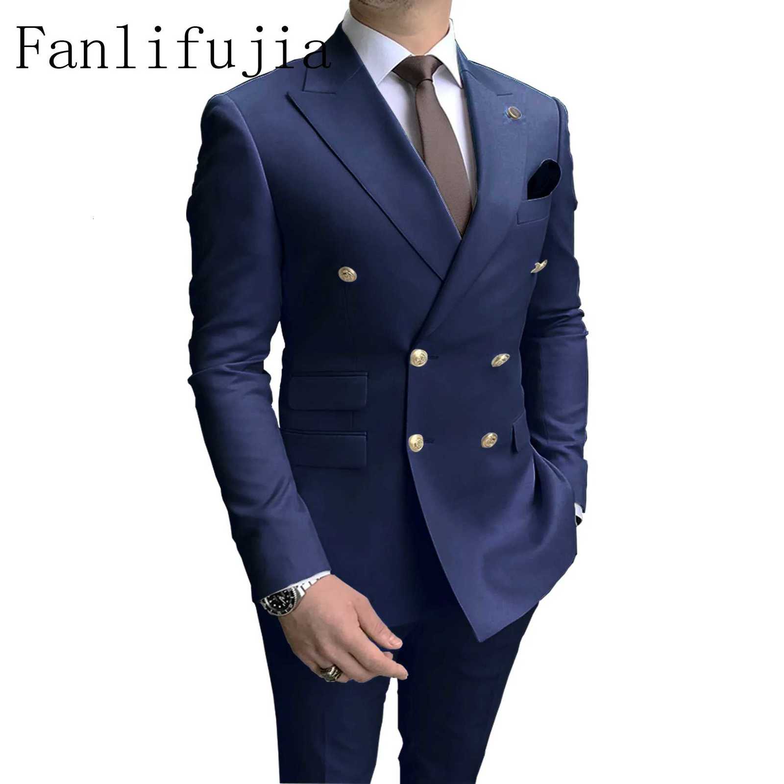 Fanlifujia Store Navy Men Party Tuxedos 2 Pieces Latest Peak Lapel Men Suits Gold Buttons Fashion Style Suits Double Breasted K251105