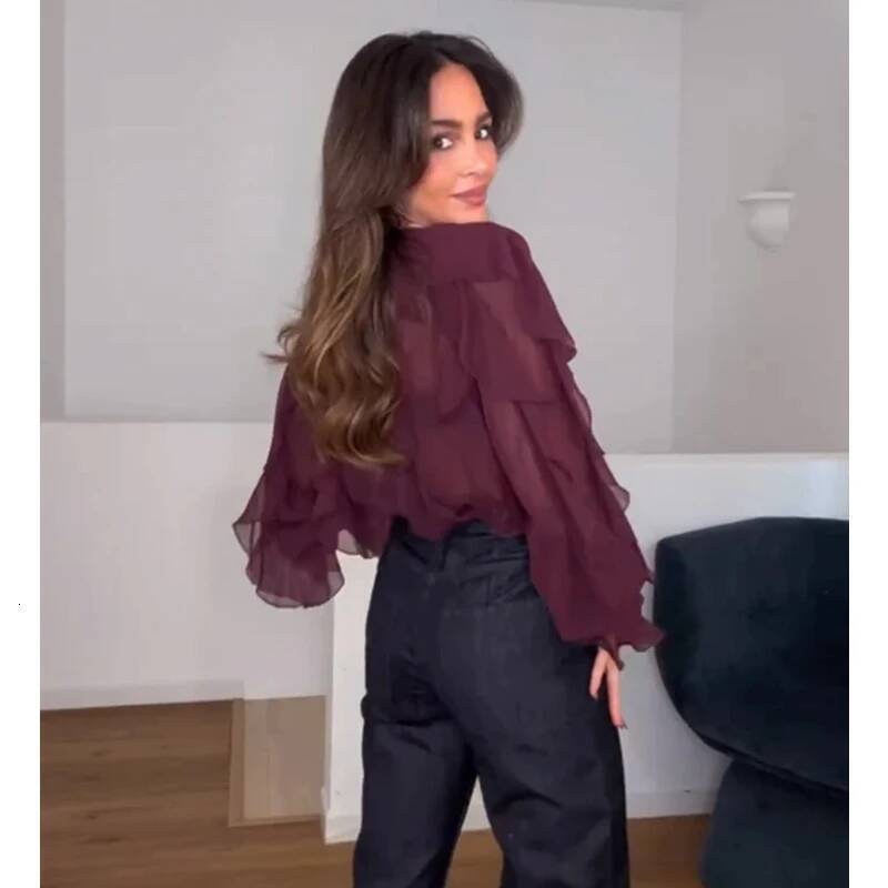 winter jacket women MUJER Ruffle Womens Semi Sheer Casual Spring Fairy Shirts and Blouses for Lady Long Sleeve Tops Woman 2025
