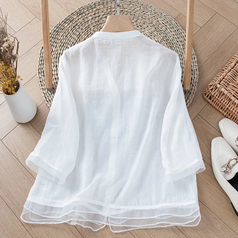 Chinese Style Womens Shirt Cotton Linen Vintage Blouses Loose Embroidery Clothing Short Sleeves Summer Women Tops 250402