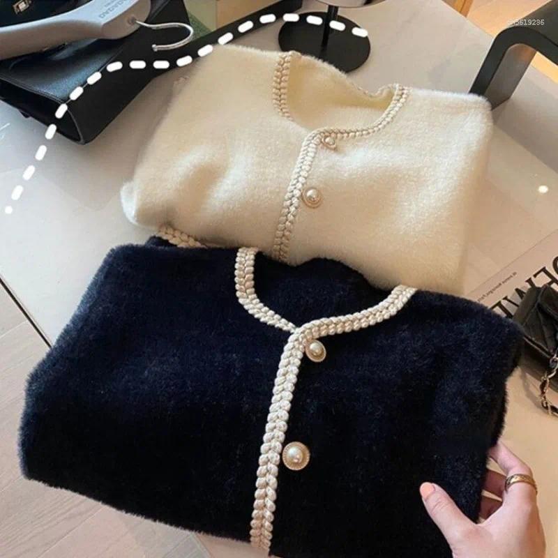 Women's Jackets Small Fragrant Wind Pearl Buckle Sweater Cardigan Spring And Autumn White Gentle Soft Milk Mink Velvet Knitted Coat M-3XL