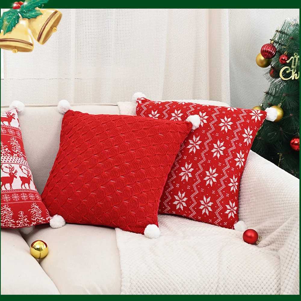 30x50/45x45cm Vintage Christmas Knitted Pillow Cover Cojines Red Jacquard Plush Sofa Throw Cushion Covers Headboard Pillowcases Y251105