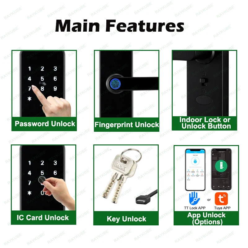 RAYKUBE K8 Smart Door Lock TTlock Bluetooth / Tuya Wifi Fingerprint Password 13.56MHZ IC Card Keyless Smartlife Home 250402