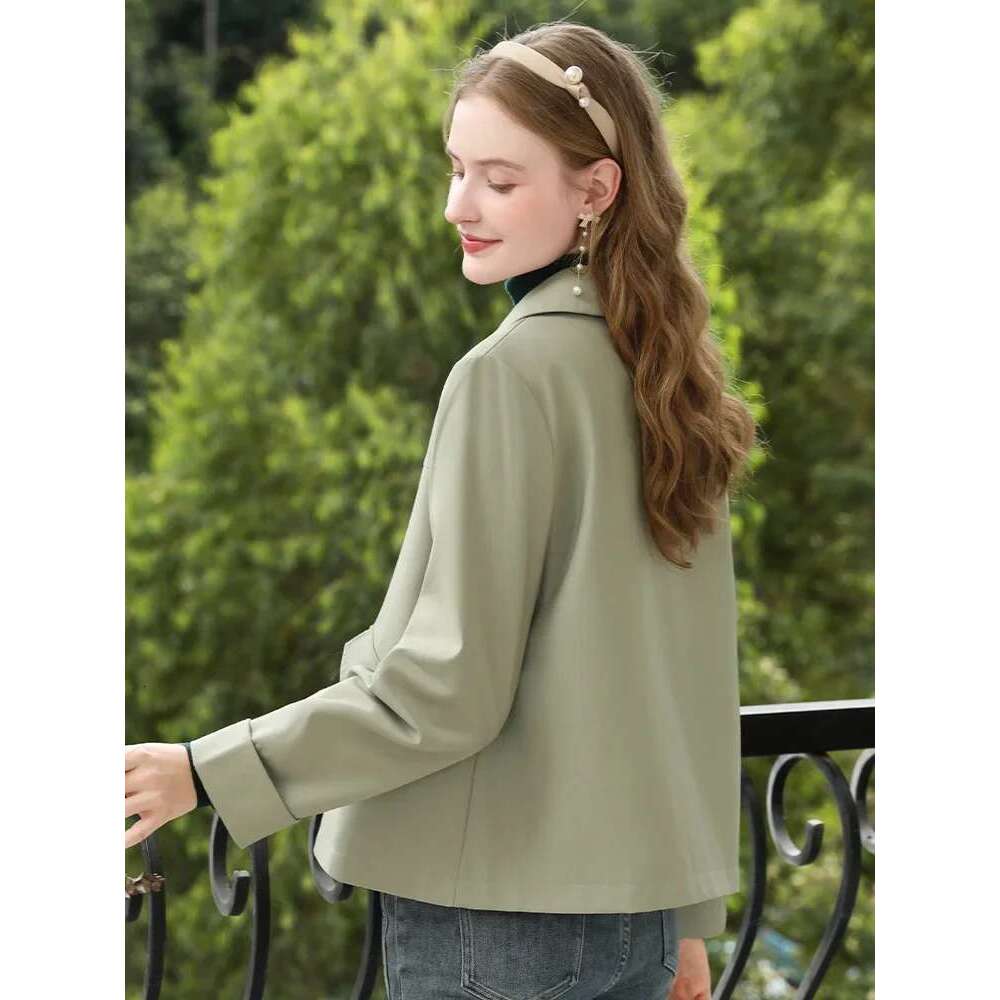 Grey Green Short Jackets Fall Clothes Women Office Lady Basics Casual Turn-Down Collar Solid Coat