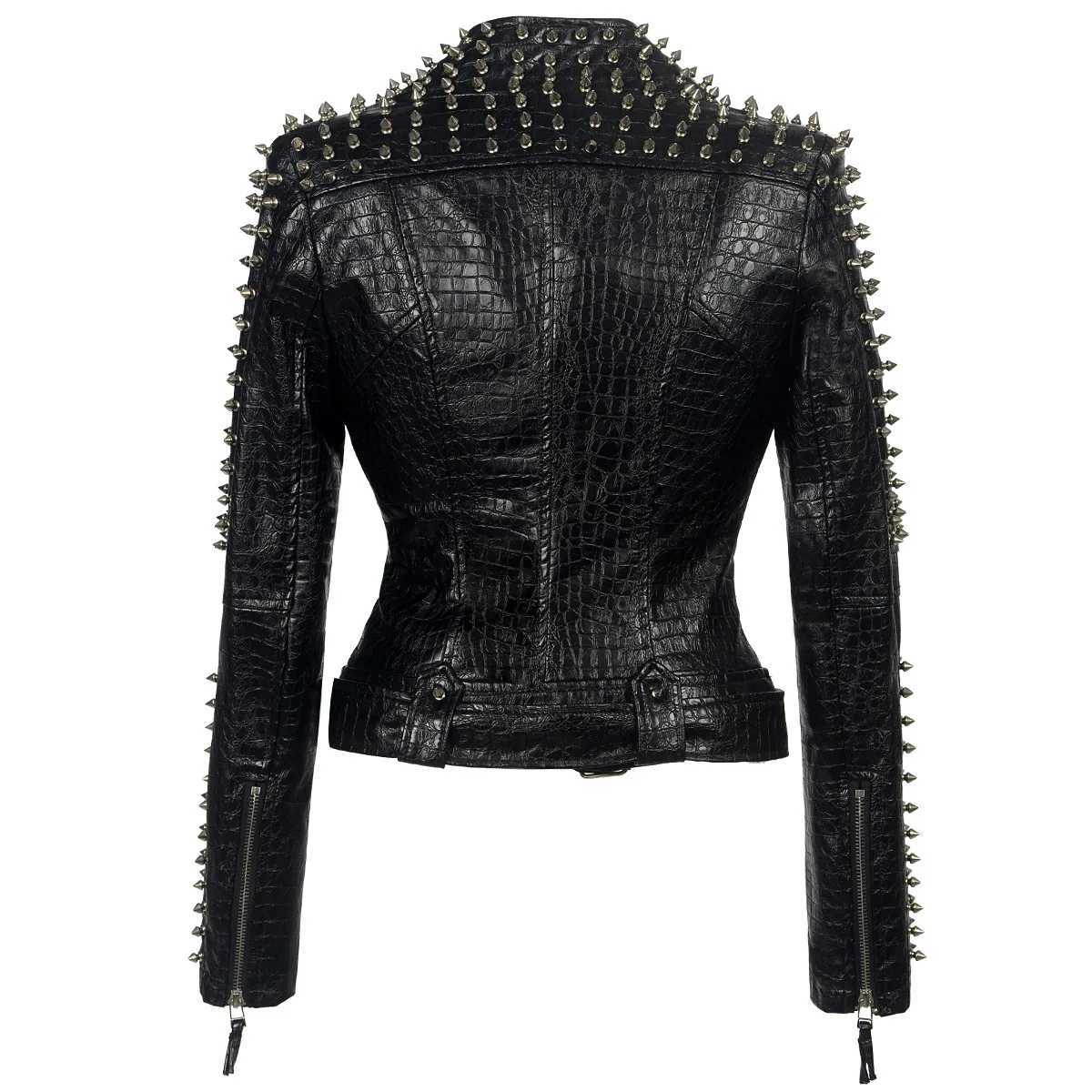 2025 Steampunk Rock Rivet Womens Leather Jacket Slim Short Strtwear Gothic Embroidery PU Leather Locomotive Coat Femme C251105