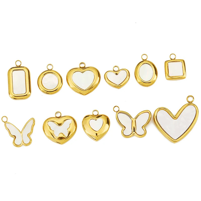 4 pieces of stainless steel natural shell butterfly circular square heartshaped charm necklace jewelry making DIY pendant 250325