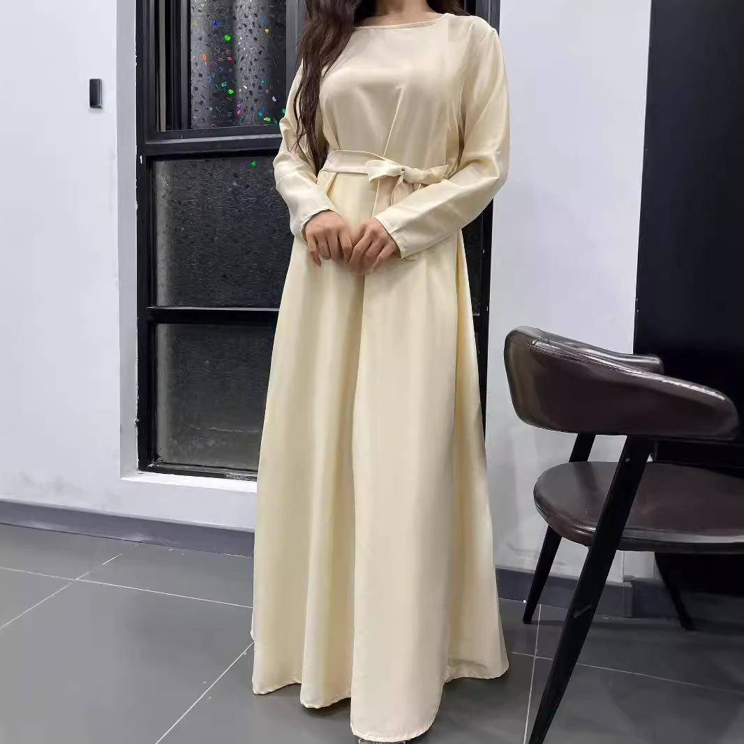 Autumn French Solid Color Interior Soft Satin Dress Dubai Home Reception Robe Abaya Maxi Dresses Islamic Clothing