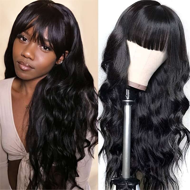 200% Density Brazilian With Bangs Long And True Length Human Hair #1B Glueless Body Wavy Full Hine Made Scalp Top Wig No Lace Front Wigs For Women Nat
