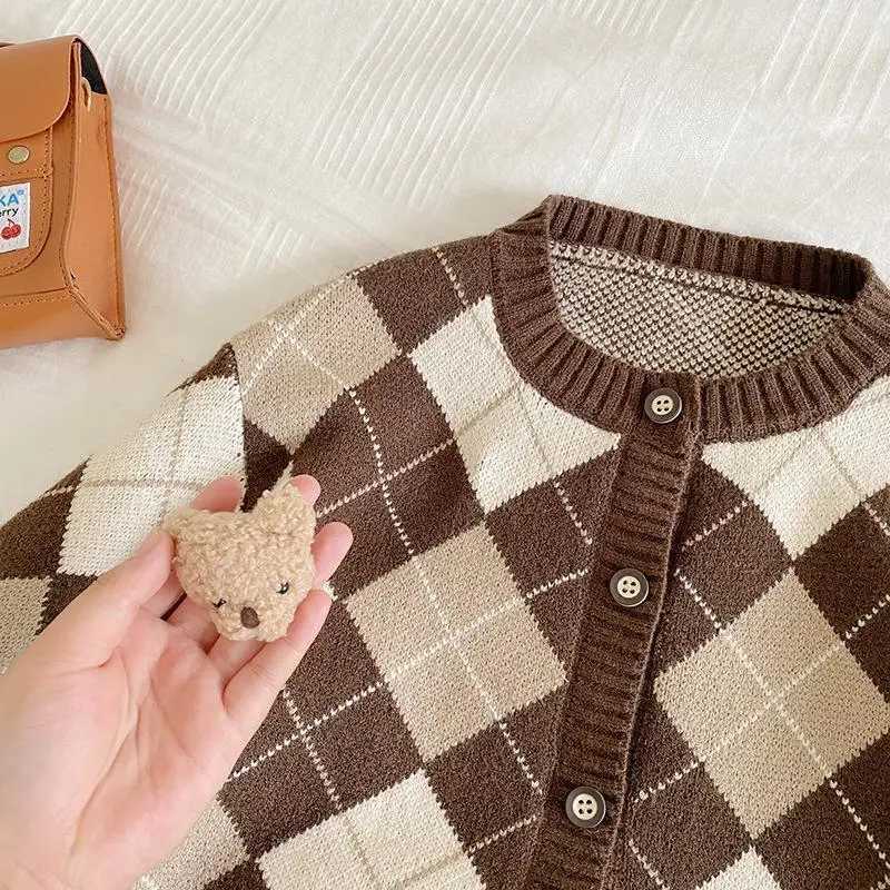 2024 Spring Autumn Infant Sibling Look Clothes Sets Knitted Plaid Vest Cardigan Cotton Undershirt Kid Girl Suit Solid Skirt Pant Y251105