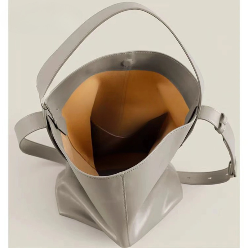 New Original Hanging Ear Strap Style Bucket Tote Glossy Oil Wax Cow Leather Women Handbag Large Cement Grey Female Shoulder Bag