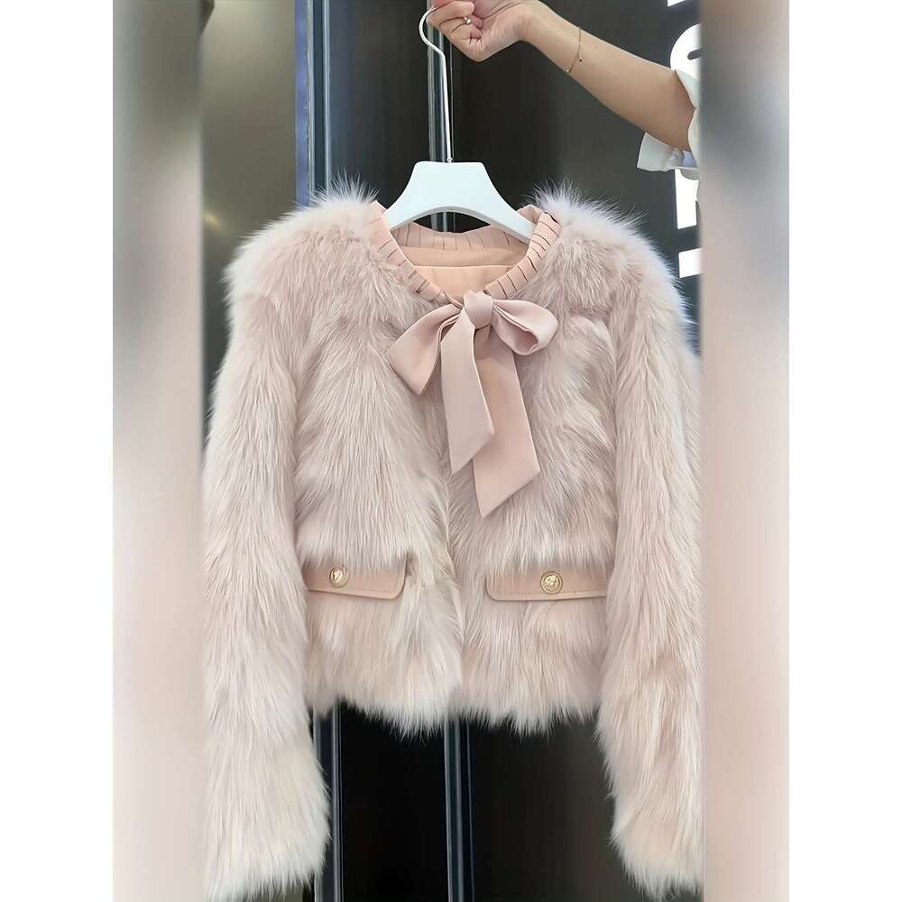 Cozy Jacket Pink Faux-Fur Trim Jacket Women | Winter Plush Collar Fringe Hem Coat, Elegant Short H-Line Silhouette, Single-Breasted Loose Fit For Casu