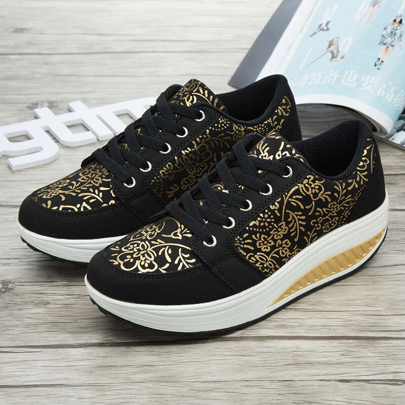 Spring round toe women's front lace up adhesive black low cut sports textile category shoes, wedge heel shoes for women