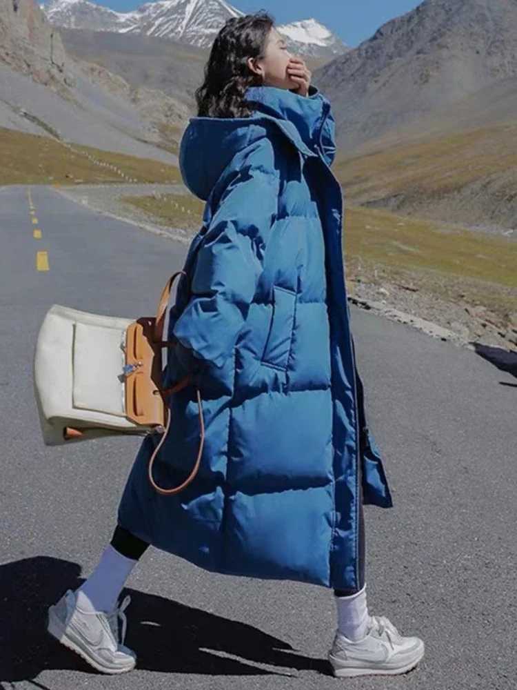 Long Thickened Down Cotton Bread Style Coat Womens Winter 2025 Outerwear Korean Loose Long Knee Length Solid Hooded JacketT251105