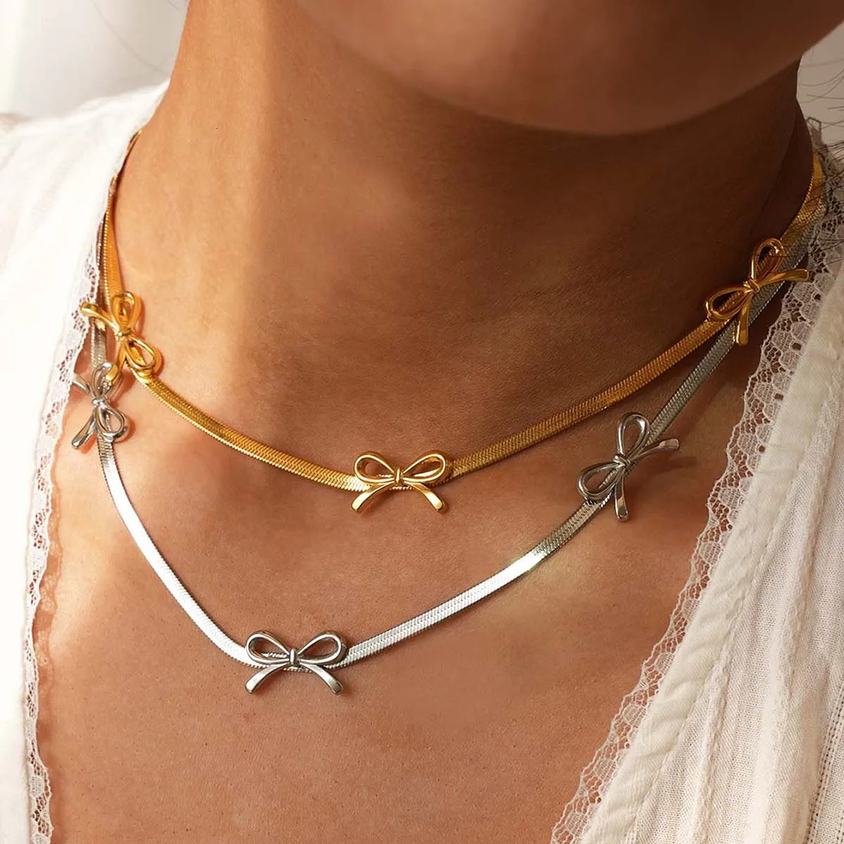 Exquisite Stainless Steel Blade Chain Bow n Necklace 18K Gold Plated Waterproof Jewelry For Women Jewelry Party Gifts 2025 251031