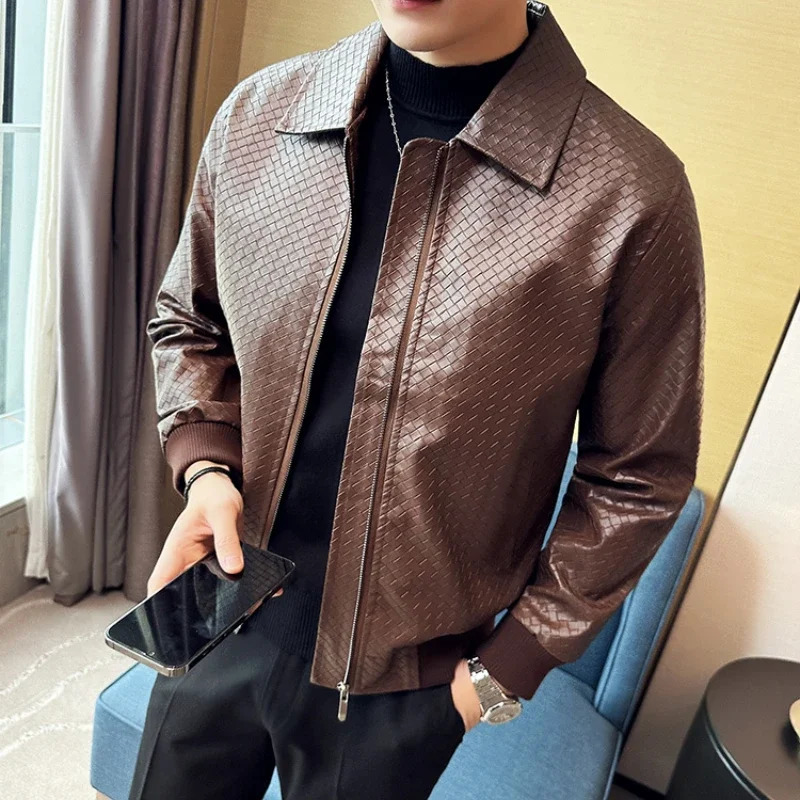 2023 Autumn Winter Men High Quality Woven Leather Jacket Fashion Lapel Business Casual Motorcycle Social Overcoat 251030