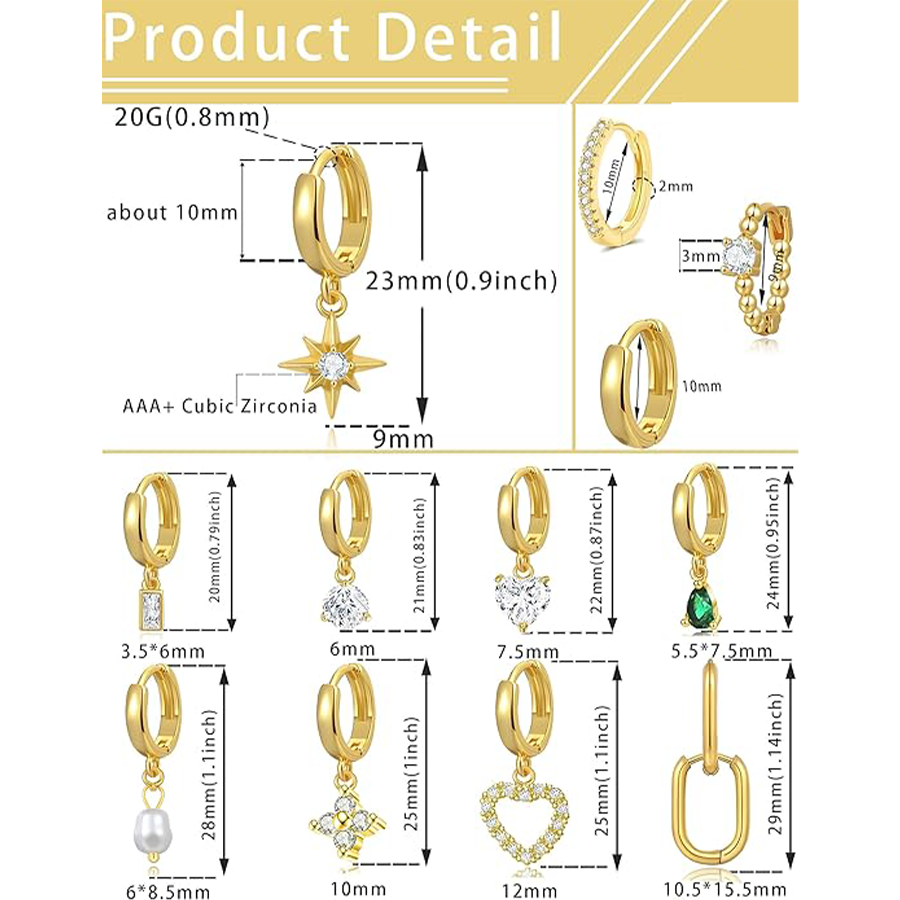 Huggie Hoop Earrings 18K Gold Plated Small Dangle Hoop Earrings Heart Pearl Star Flower CZ Cartilage Earring Sets for Multiple Piercing Stacks Stud Ho