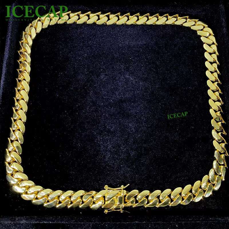 14mm Cuban Link Chain 18k Gold Plated Solid Silver Hiphop Cuban Necklace Custom Miami Plain Cuban Chain