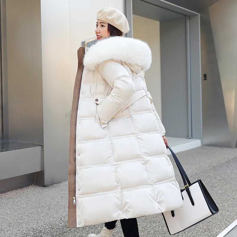 Women Cotton-padded Jacket With Fur Hooded Long Bubble Coat Female Winter Warm Parkas Outerwear Puffer Overcoat with BeltT251105