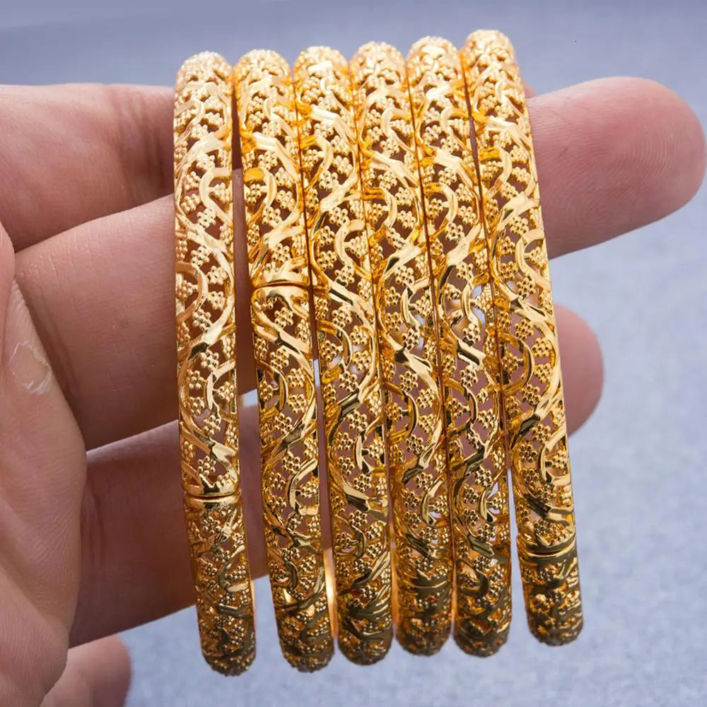 24k 6Pcs Gold Color Dubai India Bangles For Women African Bridal Bangles Bracelets Gold Wedding Bangles Jewellery Gifts 251031