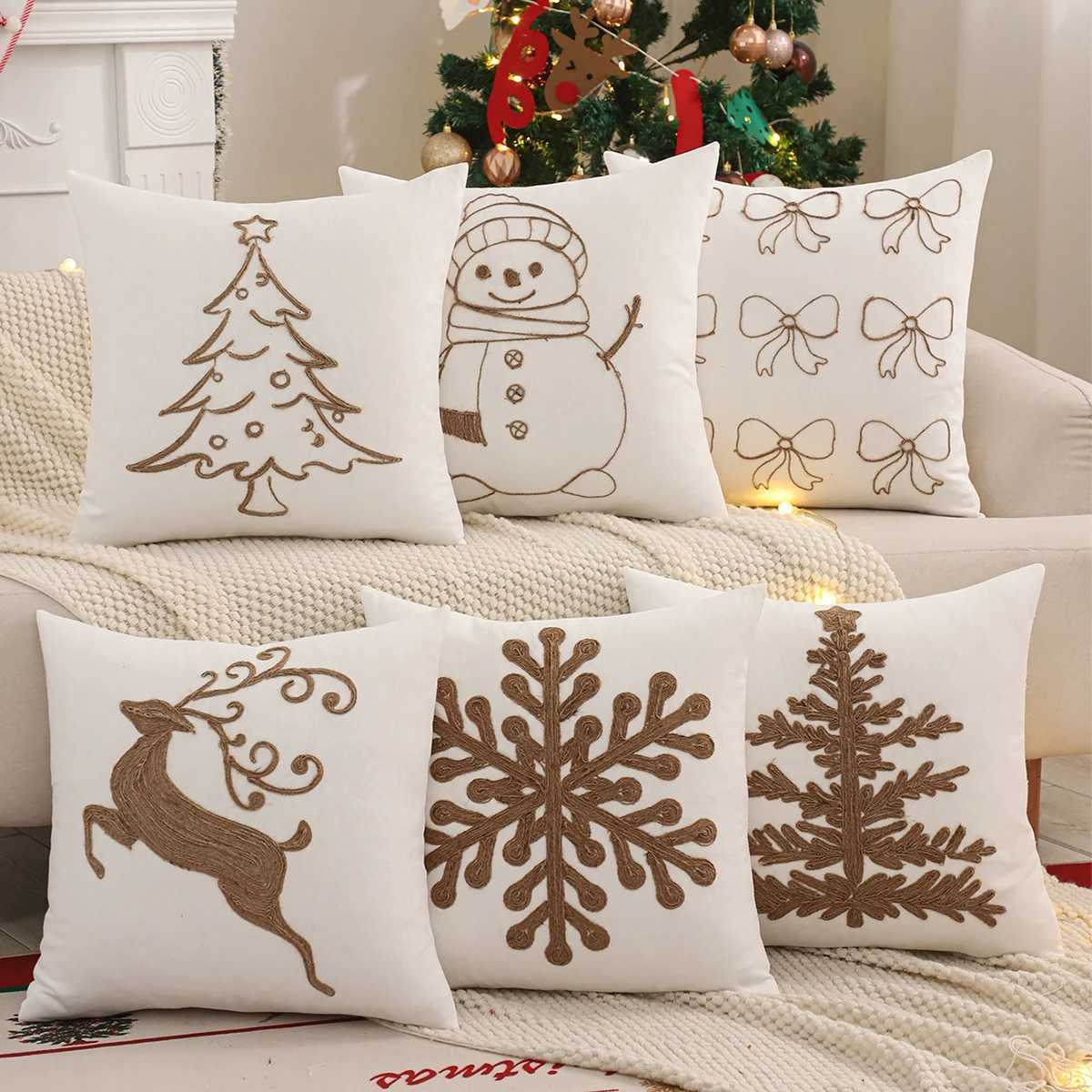 Embroidery Throw Pillow Cover Christmas Decoration Canvas Christmas Tree Reindeer Snowflake Winter Farmhouse Home Sofa Y251105