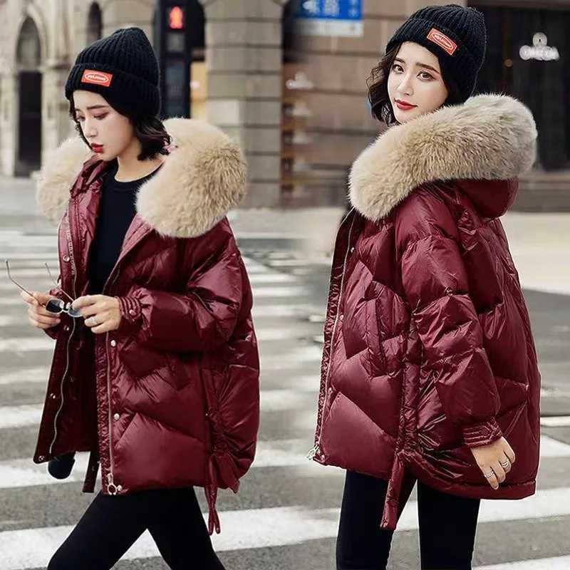 Down Cotton Jacket For Women Glossy Cotton Jacket New Winter Thicken Jacket Parka Hooded Fur collar coatT251105
