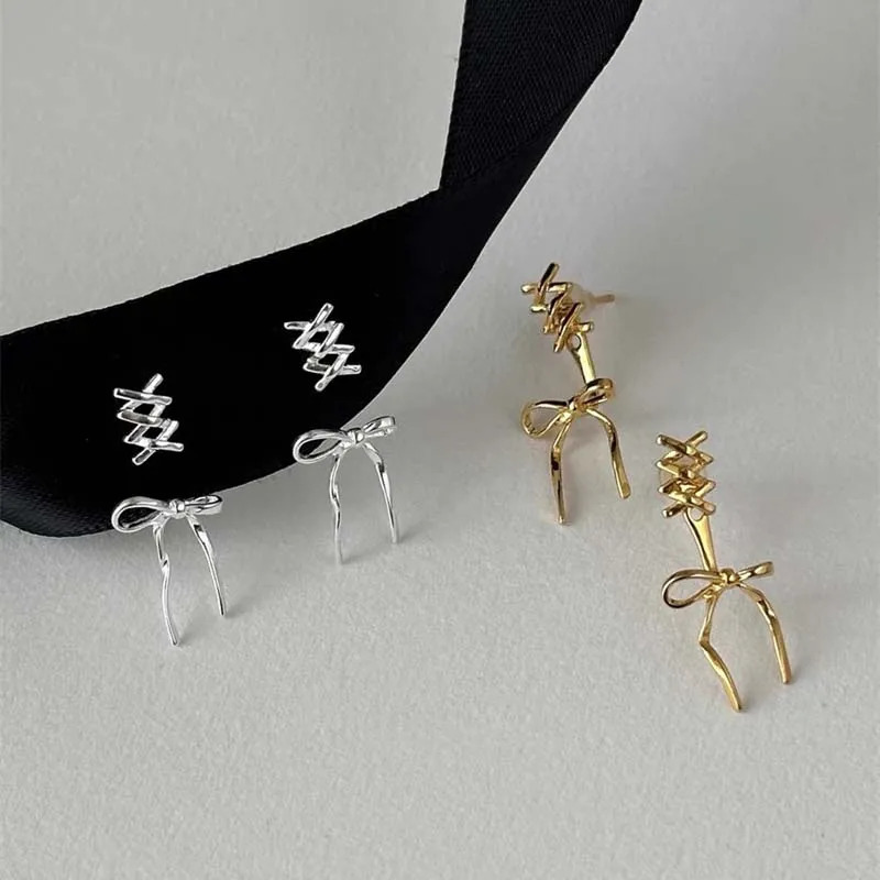 Silver Bow Female Stud Earrings 2024 Fashionable and Elegant Ribbon Pendant Party Jewelry Accessories 250326