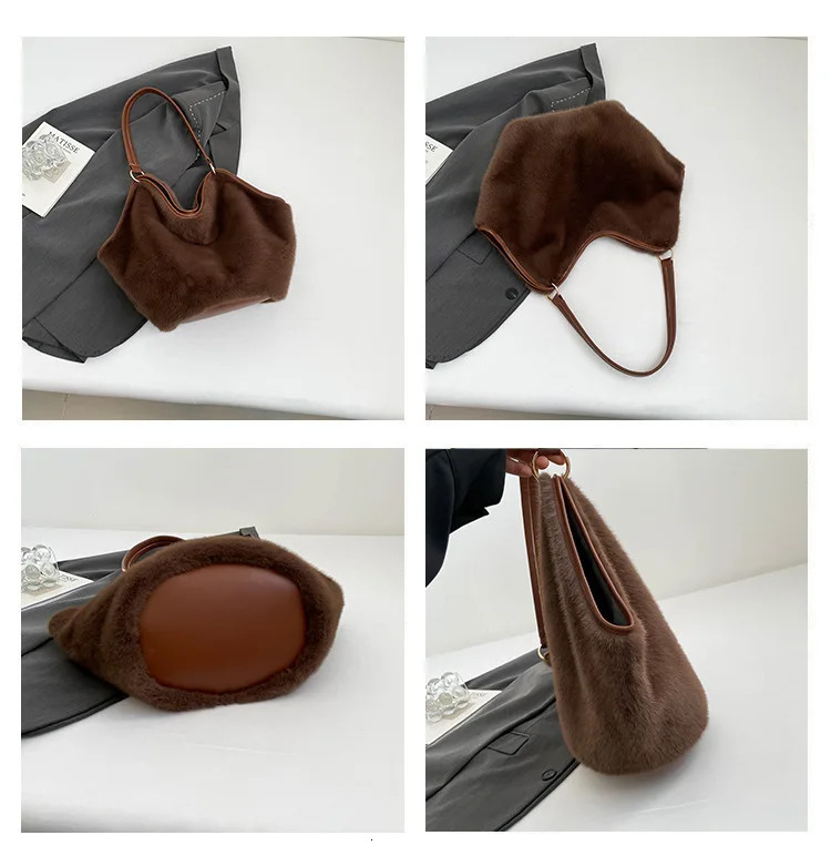 Winter Leopard Womens Plush Shoulder Bags Solid Color Faux Fur Female Casual Tote Handbags Large Capacity Ladies Furry Bag 251104