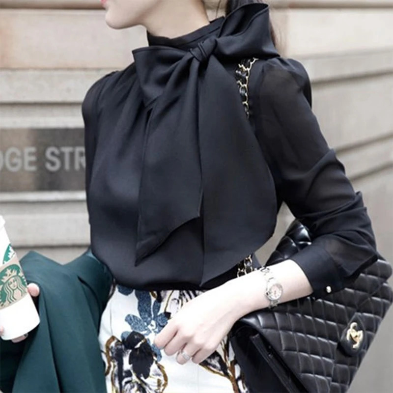 Womens Spring and Autumn Chiffon Shirt Womens Elegant Bow Turtle Neck Solid Color Long Sleeve Casual Top DD8309 250402