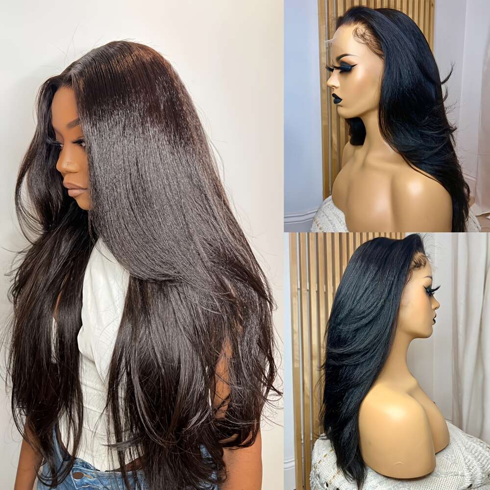 Yaki Straight Human Hair Wig With 13X4 Transparent Lace Front 180% Density Brazilian Hair, Pre-Plucked Natural Hairline, Tiny Knots Shoulder-Length 14