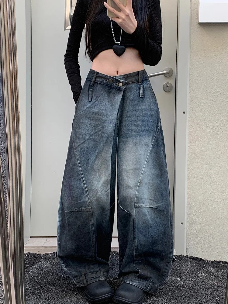 Grunge Y2K Street Laundry Blue Pocket Wrinkled Jeans Suitable for Womens Clothing Loose Long Legs Older Ladies Trousers 250403