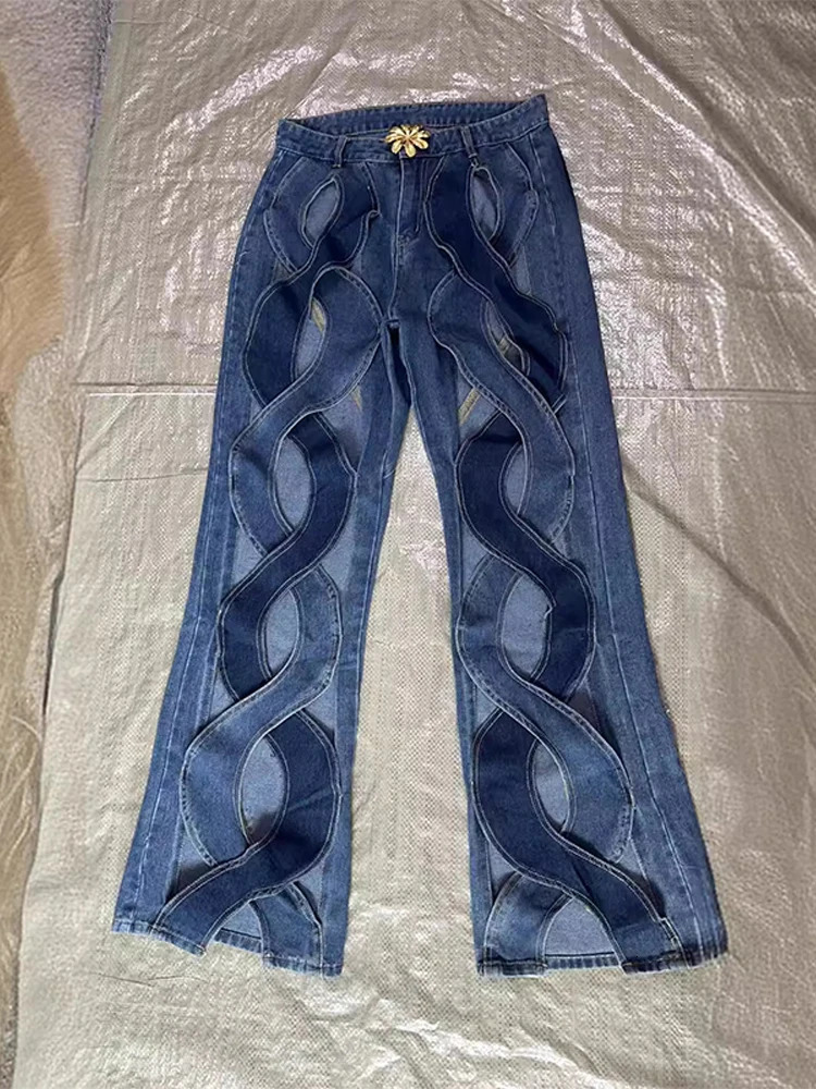 Womens Twist Love Jeans Pants Holes denim pants with metallic flowers suitable for women loose legs Trouser summer high street jeans 250403
