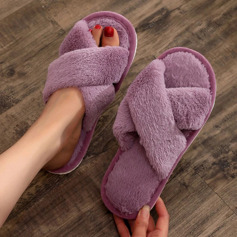 Autumn Winter Fluffy Fur Slippers Women Lightweight Cross Band Plush Slides Woman 2025 Open Toe Flats Fuzzy Home Slippers Female 251031
