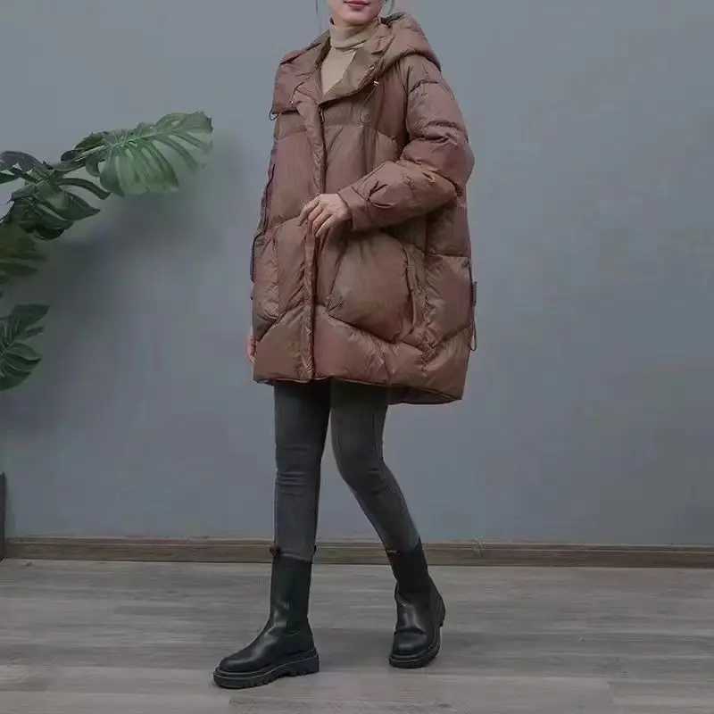 2024 New Winter Women 90 White Duck Down Jacket Casual Loose Over Size Warm Parka Female Drawstring Hooded Puffer CoatT251105